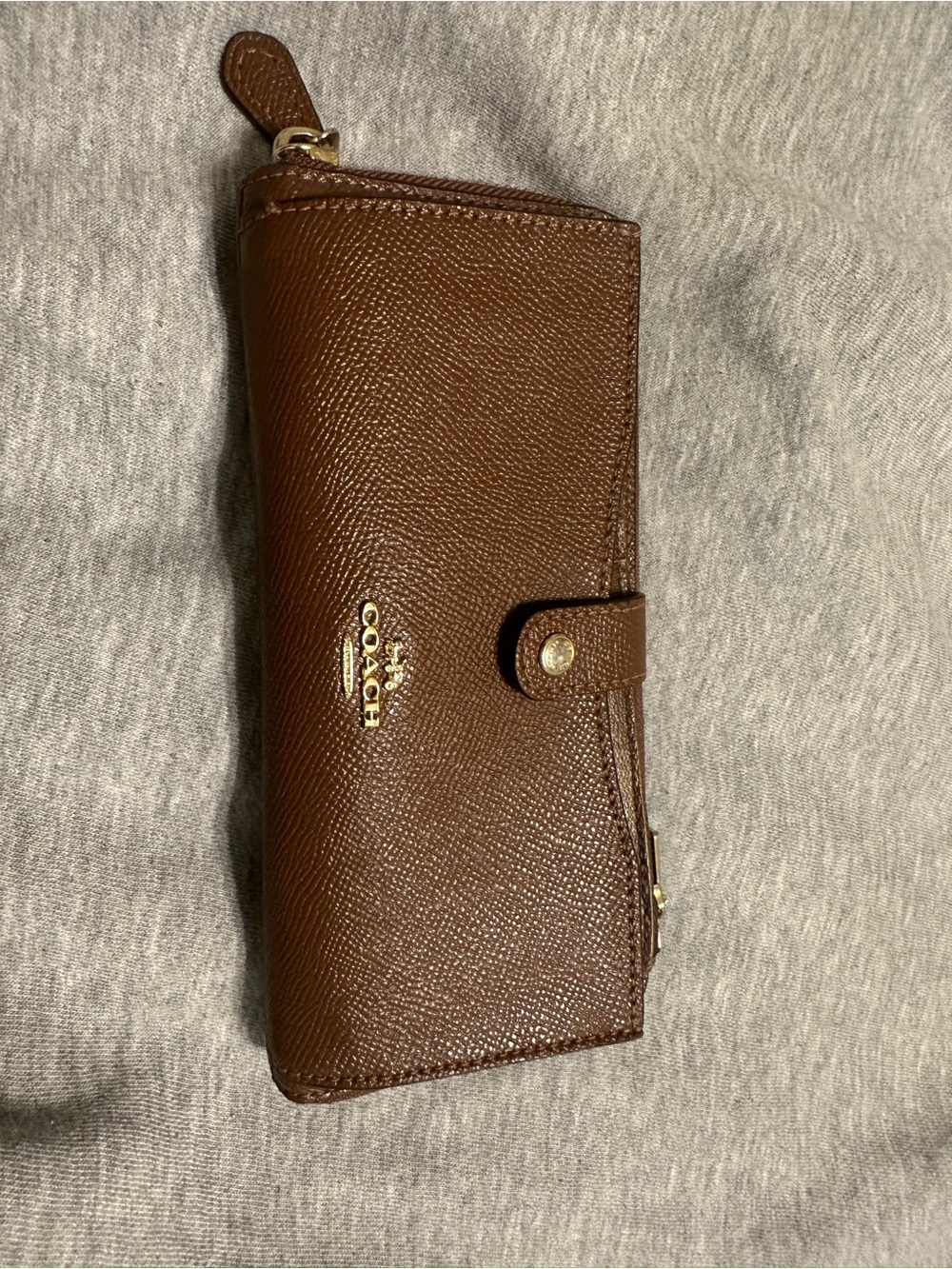 Coach Brown Pebbled Leather Continental Wallet with Gold Hardware